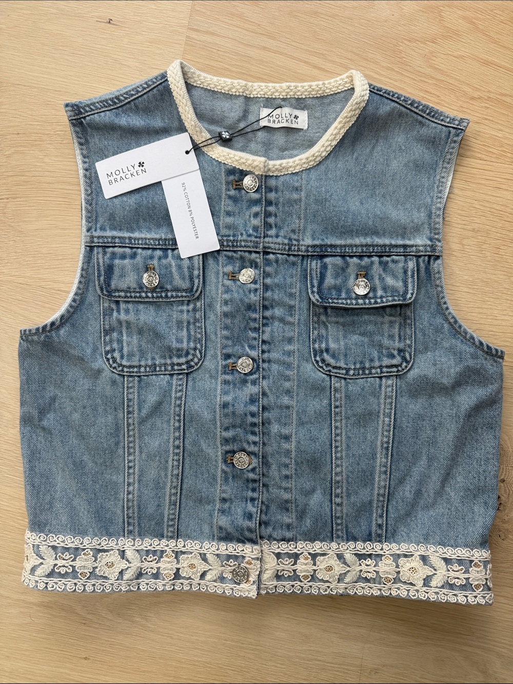 NWT Molly Bracken Light Blue Denim Vest with Cream Lace Trim